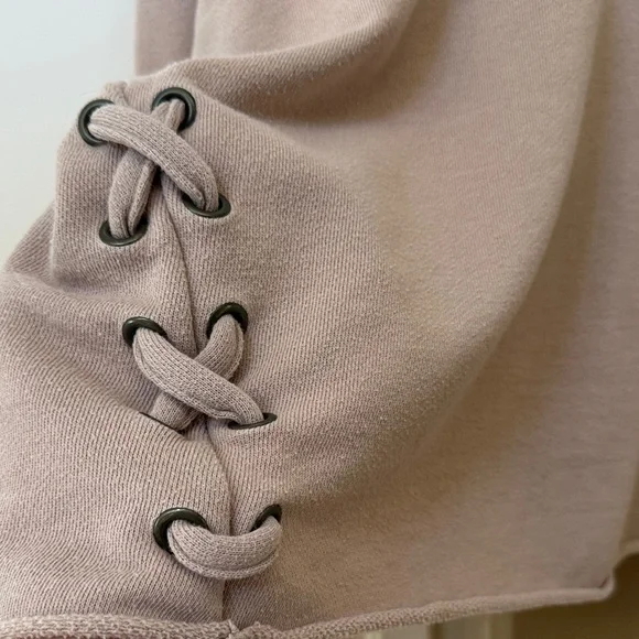 aerie Distressed Lace-Up Side Crewneck Sweatshirt in Taupe - Picture 5 of 5